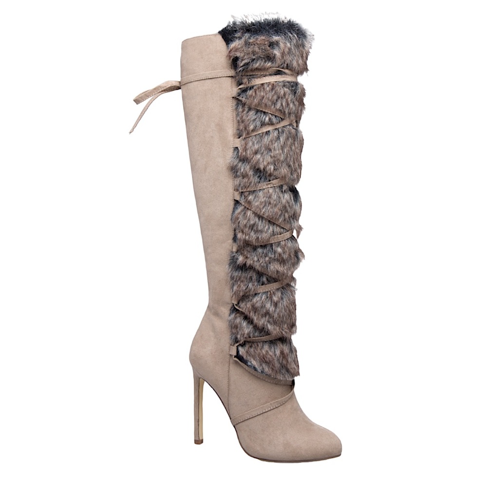 Suede Light Taupe Lace Up Faux Fur Boots - Picture 7 of 17